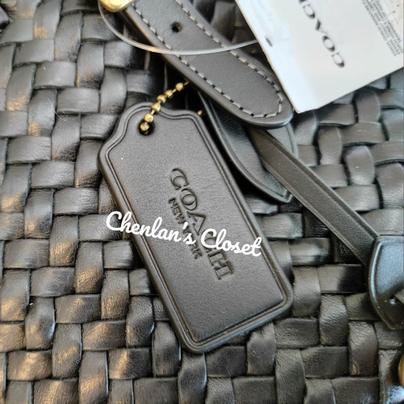 Coach Black Woven Leather Swing Tote Carryall Shoulder Bag Purse - Picture 8 of 13